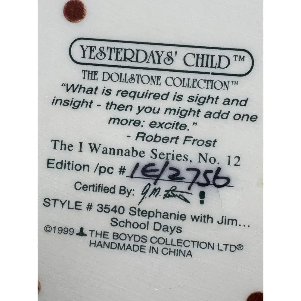 1999 Boyds Yesterdays' Child Dollstone, Stephanie w/Jim..School Days, #3540